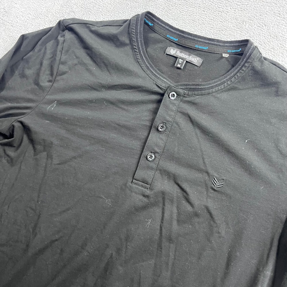 Buttercloth Icy Cotton Henley Shirt Mens Medium Black Slim‎ Fit Long Sleeve